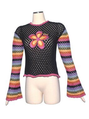 Minga Retro Bea Flower Power Rainbow Knit Jumper Crochet Sweater US 6